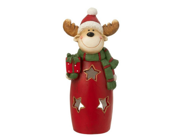 Theelichthouder beeld rendier rood groen sterren sjaal muts 52 cm x 23 cm Polyresine