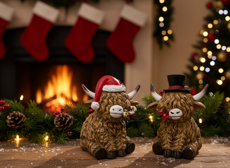 Set : 2x hooglander koe figuur kerstdecoratie Polystone kerstmuts en hoed 13 x 10 cm