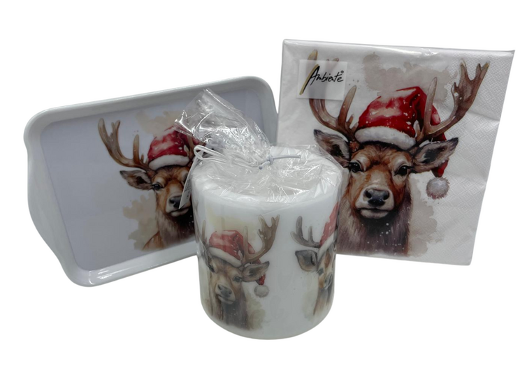 Set: Kaars - 20 servetten - dienblad Deer with Santa hat | 514547 | Ambiente