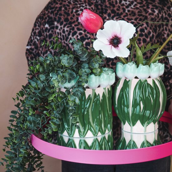 Housevitamin Vaas- Bloemen Vaas met Tulpen rand - dolomiet - Licht Groen- 17x17x16cm