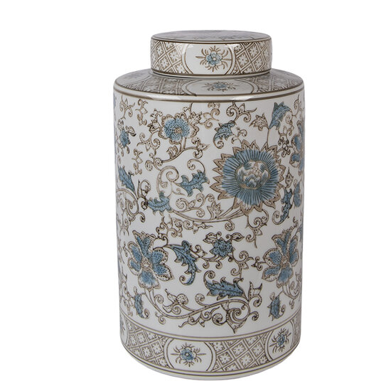 Clayre &amp; Eef | Decoratie pot met deksel Wit Groen &oslash; 18x30 cm | 6CE2372