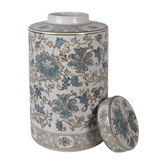 Clayre &amp; Eef | Decoratie pot met deksel Wit Groen &oslash; 18x30 cm | 6CE2372