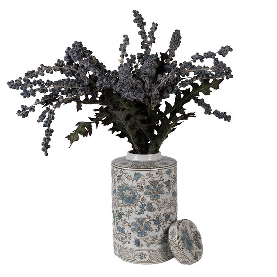 Clayre &amp; Eef | Decoratie pot met deksel Wit Groen &oslash; 18x30 cm | 6CE2372