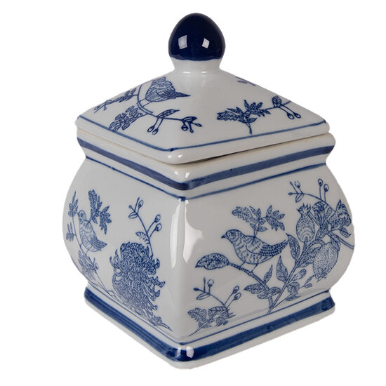 Clayre &amp; Eef | Decoratie pot met deksel Wit Blauw 13x13x17 cm | 6CE2391