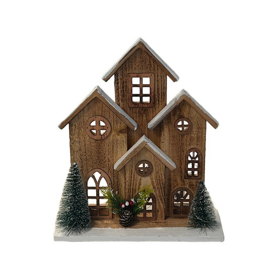 Sfeervol Houten Kersthuisjes tafereel Ensemble (4-in-1) met kerstbomen LED-verlichting | HCM24085 | Staand | Hendriks Deco