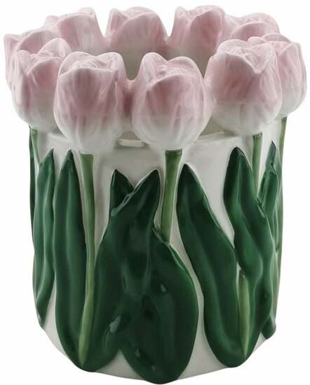 Housevitamin Vaas- Bloemen Vaas met Tulpen rand - dolomiet - Licht Roze / Groen- 15x14cm
