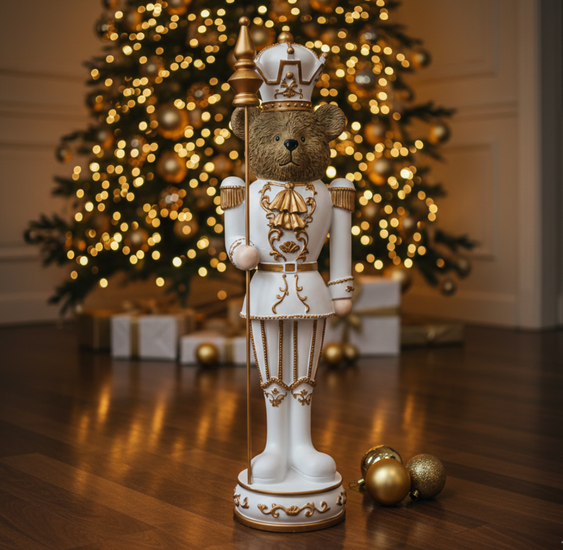 Decoratie beeld notenkraker beer wit goud - 14x12x47 - Colmore