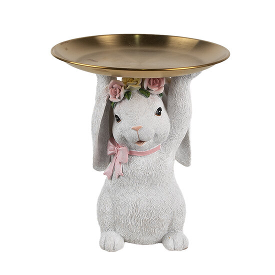 Clayre &amp; Eef | Decoratie Konijn met schaal Wit Goudkleurig &oslash; 21x23 cm | 6PR5197