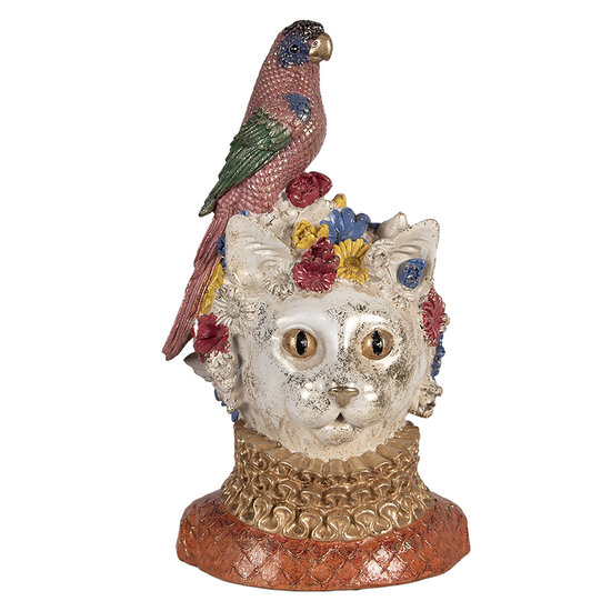 Clayre &amp; Eef | Decoratie buste Kat met vogel Wit Goudkleurig 24x21x40 cm | 6PR6040