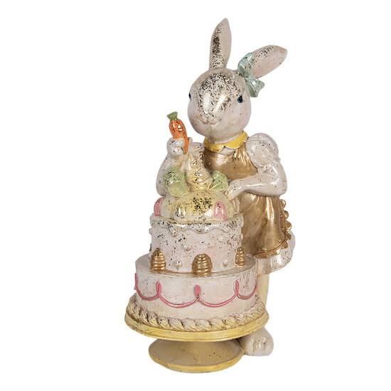 Clayre &amp; Eef | Decoratie Konijn met taart Wit Goudkleurig 20x15x36 cm | 6PR6042