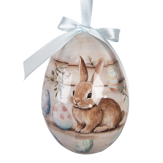 Clayre &amp; Eef | Decoratie Hanger Ei (set 6) Wit Bruin &oslash; 7x10 cm | 66457