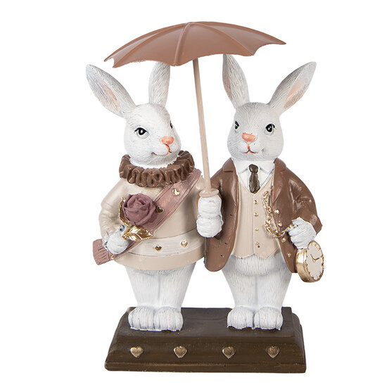 Clayre &amp; Eef | Decoratie Konijnen met paraplu Wit Bruin 13x6x16 cm | 6PR5972