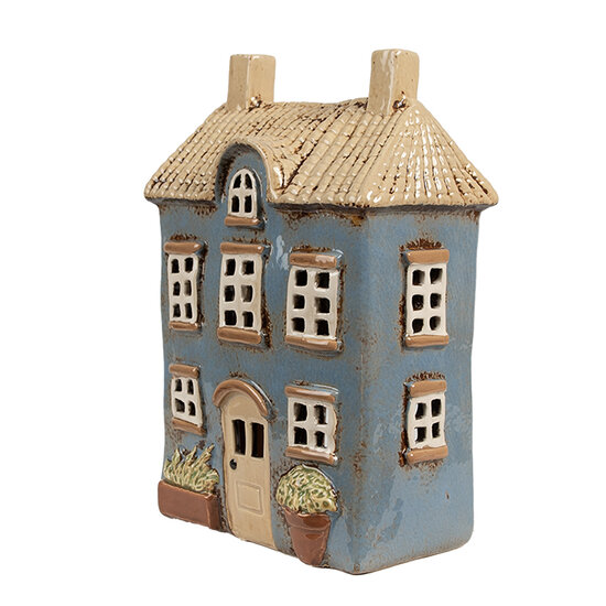 Clayre &amp; Eef | Theelichthouder Kerst Huisje Blauw Beige 16x10x23 cm | 6CE1894