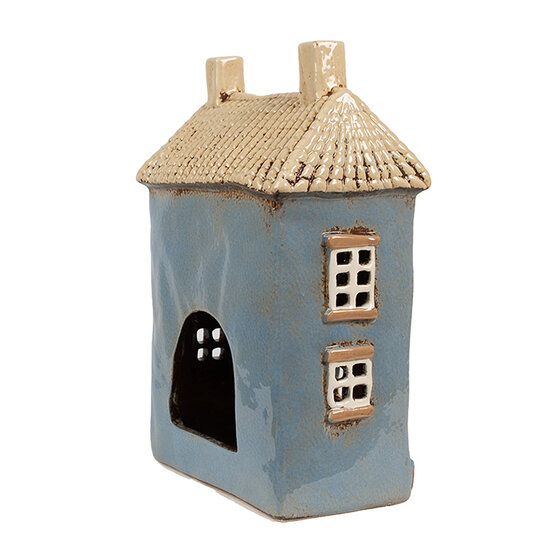 Clayre &amp; Eef | Theelichthouder Kerst Huisje Blauw Beige 16x10x23 cm | 6CE1894