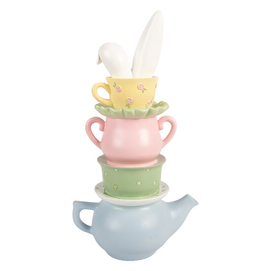 Clayre &amp; Eef | Decoratie theepot met kopjes gestapeld Blauw Multi 16x11x29 cm | 6PR5930