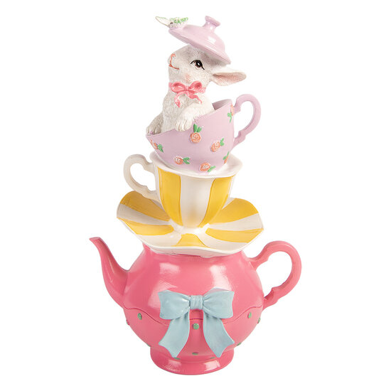 Clayre &amp; Eef | Decoratie theepot met kopjes gestapeld Wit Roze 16x13x26 cm | 6PR5948