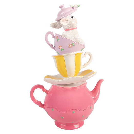Clayre &amp; Eef | Decoratie theepot met kopjes gestapeld Wit Roze 16x13x26 cm | 6PR5948