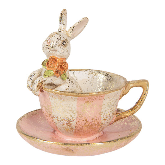 Clayre &amp; Eef | Decoratie Konijn in kopje Beige Roze &oslash; 12x12 cm | 6PR6032