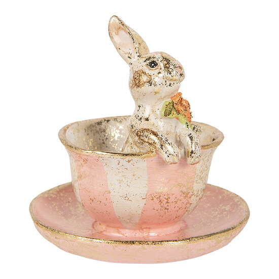 Clayre &amp; Eef | Decoratie Konijn in kopje Beige Roze &oslash; 12x12 cm | 6PR6032
