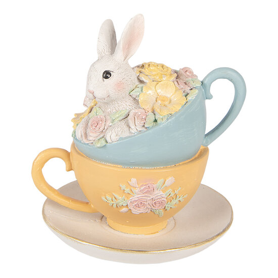 Clayre &amp; Eef | Decoratie Konijn in kopjes Wit Blauw 13x14x15 cm | 6PR6081