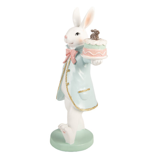 Clayre &amp; Eef | Decoratie Konijn met taart Wit Blauw 13x11x28 cm | 6PR6100