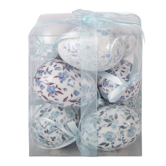 Clayre &amp; Eef | Decoratie Hanger Ei (set 9) Wit Blauw &oslash; 5x8 cm | 66452