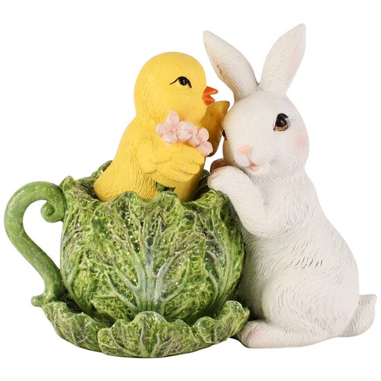 Dekoratief | Bunny m/kuiken in kopje, wit/geel/groen, resina, 12x7x10cm | A260862