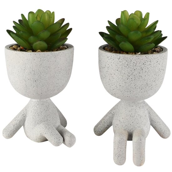 Dekoratief | Bloempot mannetje zittend, grijs, magnesium, 9x11x16cm, set van 2 stuks | A260861