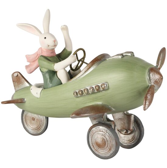 Dekoratief | Bunny in vliegtuig, groen/wit, resina, 24x17x17cm | A260856