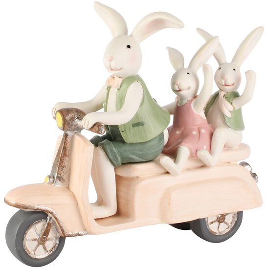 Dekoratief | Bunny m/kindjes op scooter, roze/groen, resina, 22x8x18cm | A260855