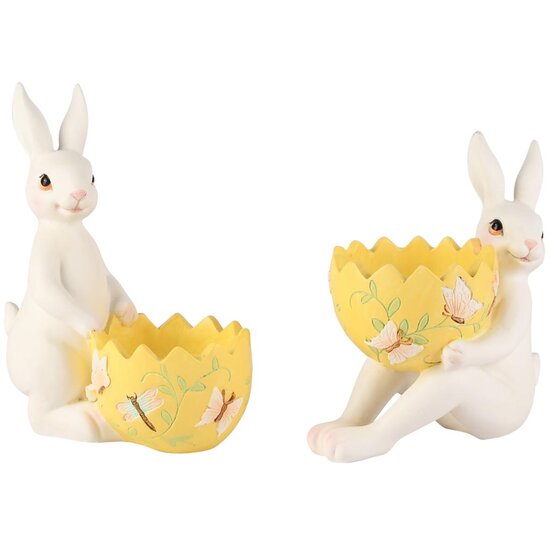 Dekoratief | Bunny m/open ei, wit/geel, resina, 10x6x13cm, set van 2 stuks | A260854