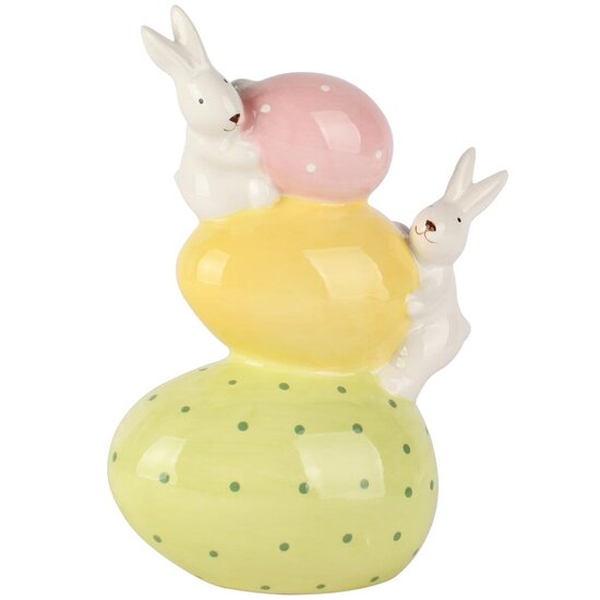 Dekoratief | Bunny's op eieren, groen/roze/wit, dolomiet, 13x8x18cm | A260750