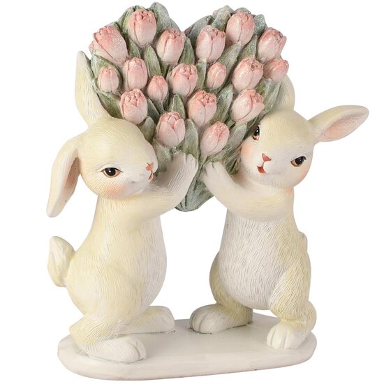 Dekoratief | Koppel bunny's m/tulpenhartje, wit/roze, resina, 14x5x15cm | A260688
