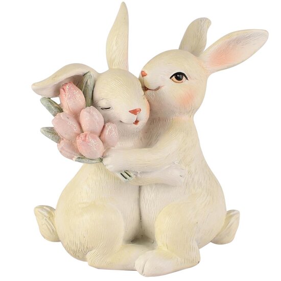 Dekoratief | Koppel bunny's m/tulpen, wit/roze, resina, 11x6x12cm | A260686