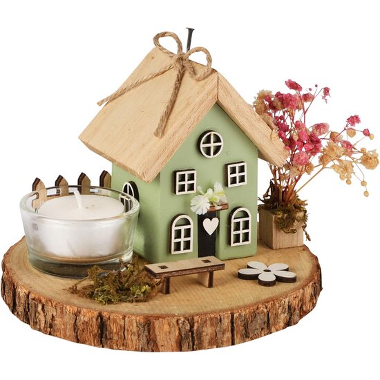 Dekoratief | Tafelstukje m/huisje, naturel/groen, hout/glas, 13x13x12cm | A260647