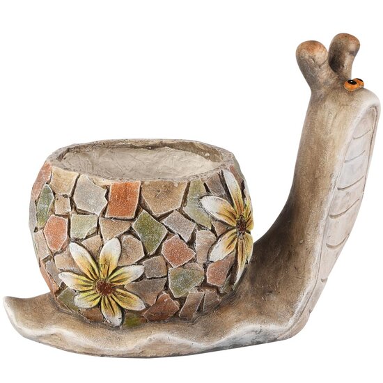 Dekoratief | Bloempot slak m/bloemen, grijs, magnesium, 34x20x27cm | A260533