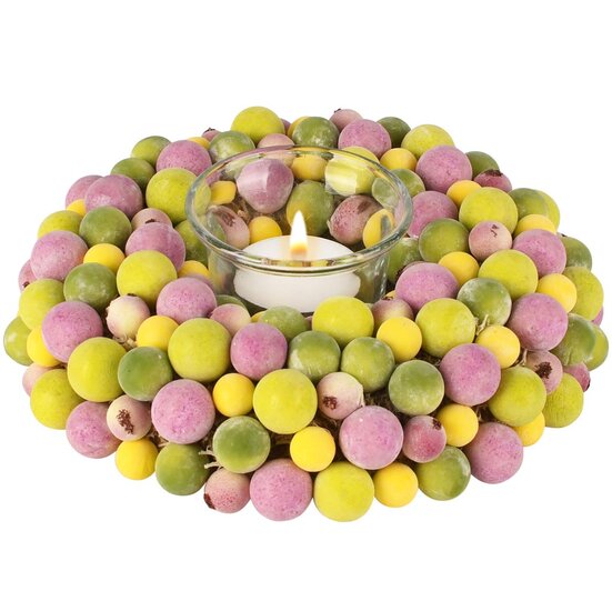 Dekoratief | Tafelstukje m/bessen, geel/groen/lila, pvc/glas, 17x17x5cm | A260836