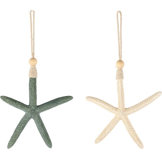 Dekoratief | Hanger zeester, wit/groen, pvc/hout, 14x14x17cm, set van 2 stuks | A260834