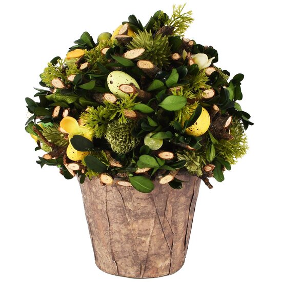 Dekoratief | Bloemstuk m/eitjes/bloemen, groen/geel, pvc, 17x17x22cm | A260832