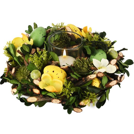 Dekoratief | Tafelstukje m/eitjes/bloemen, groen/geel, pvc/glas, 18x18x6cm | A260830