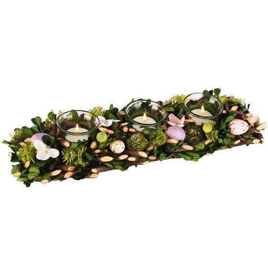Dekoratief | Tafelstuk m/eitjes/bloemen, groen/roze/wit, pvc/glas, 39x13x7cm | A260827