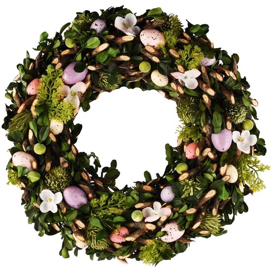 Dekoratief | Krans m/eitjes/bloemen, groen/roze/wit, pvc, 32x32cm | A260825