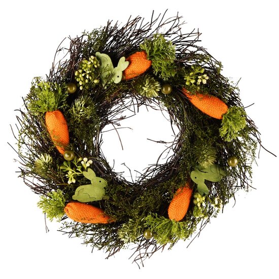 Dekoratief | Krans m/worteltjes/bunny's, groen/oranje, pvc, 32x32cm | A260820