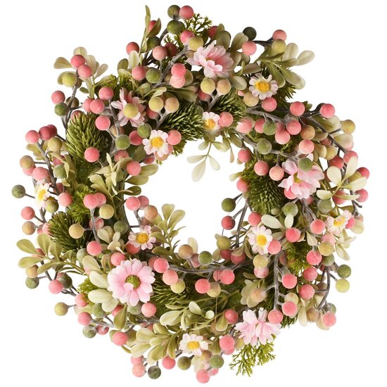 Dekoratief | Krans m/bloemen/bessen, roze/groen, pvc, 31x31cm | A260817