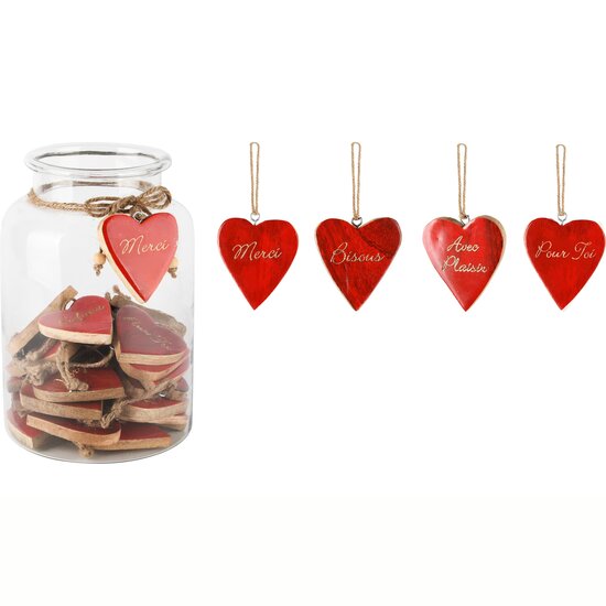 Dekoratief | Bokaal m/60 hangers (6cm) hart 'Merci/Pour Toi/Bisous/Avec Plaisir', rood, hout, 16x16x26cm | A248161