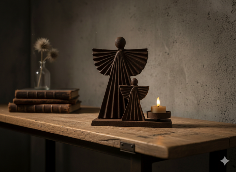 Kaarsenhouder Engel - Vintage Bruin/Roest IJzer - 22x20 cm