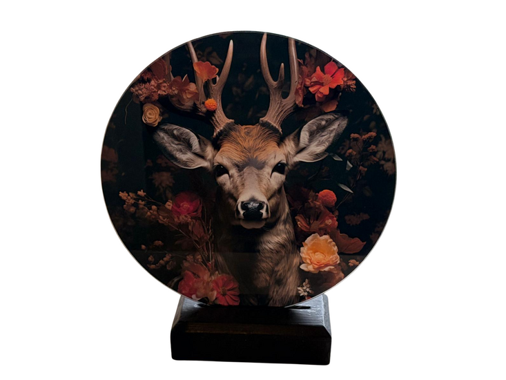 Glasschilderij hert bloemen met standaard ⌀ 18 cm | 768790 | Home Sweet Home