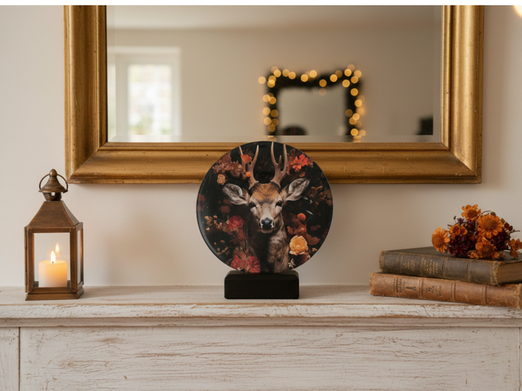 Glasschilderij hert bloemen met standaard ⌀ 18 cm | 768790 | Home Sweet Home