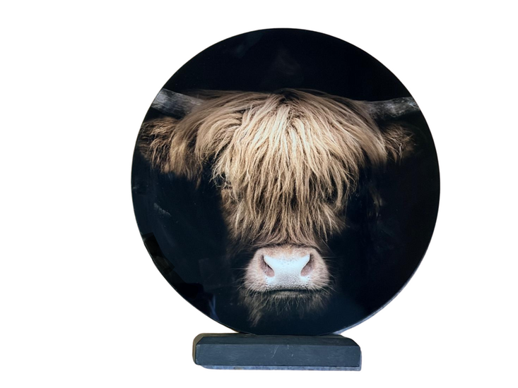 Glasschilderij schotse hooglander hang of staand met standaard ⌀ 30 cm | 922975 | Home Sweet Home