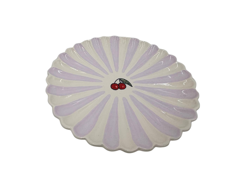 Ontbijtbord Fruity Cherry &ndash; Lila/Wit Gestreept &ndash; Aardewerk &ndash; &oslash; 20 cm